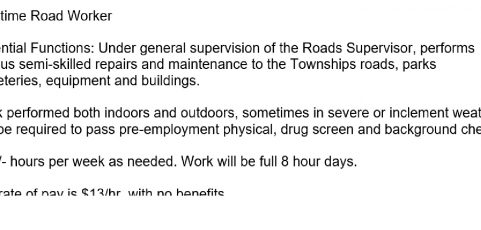 Employment Opportunity:  Part-time Road Worker